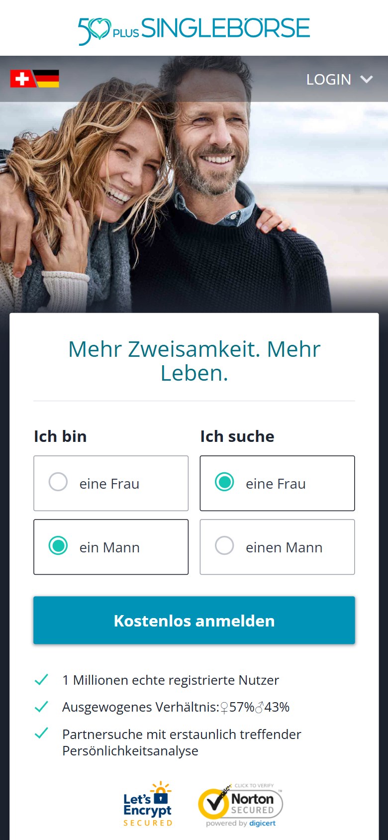 50plus-singleboerse.ch auf dem Smartphone