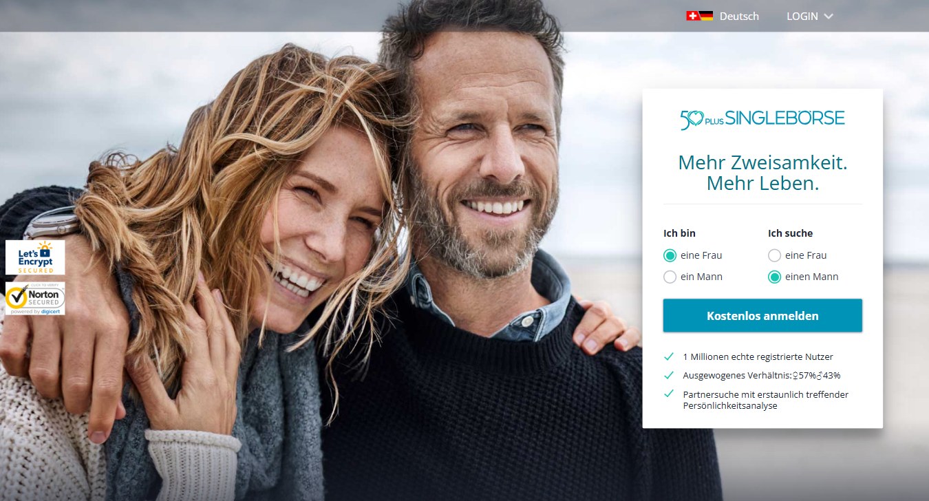 Startseite von 50plus-singleboerse.ch mit Anmeldeformular