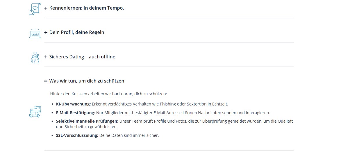 Sicherheitsseite von academicsingles.ch mit den Schutzmassnahmen