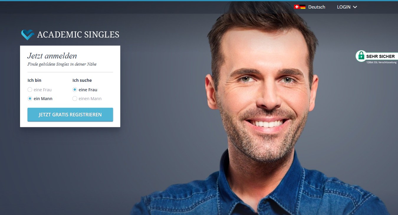 Startseite von academicsingles.ch mit Anmeldeformular