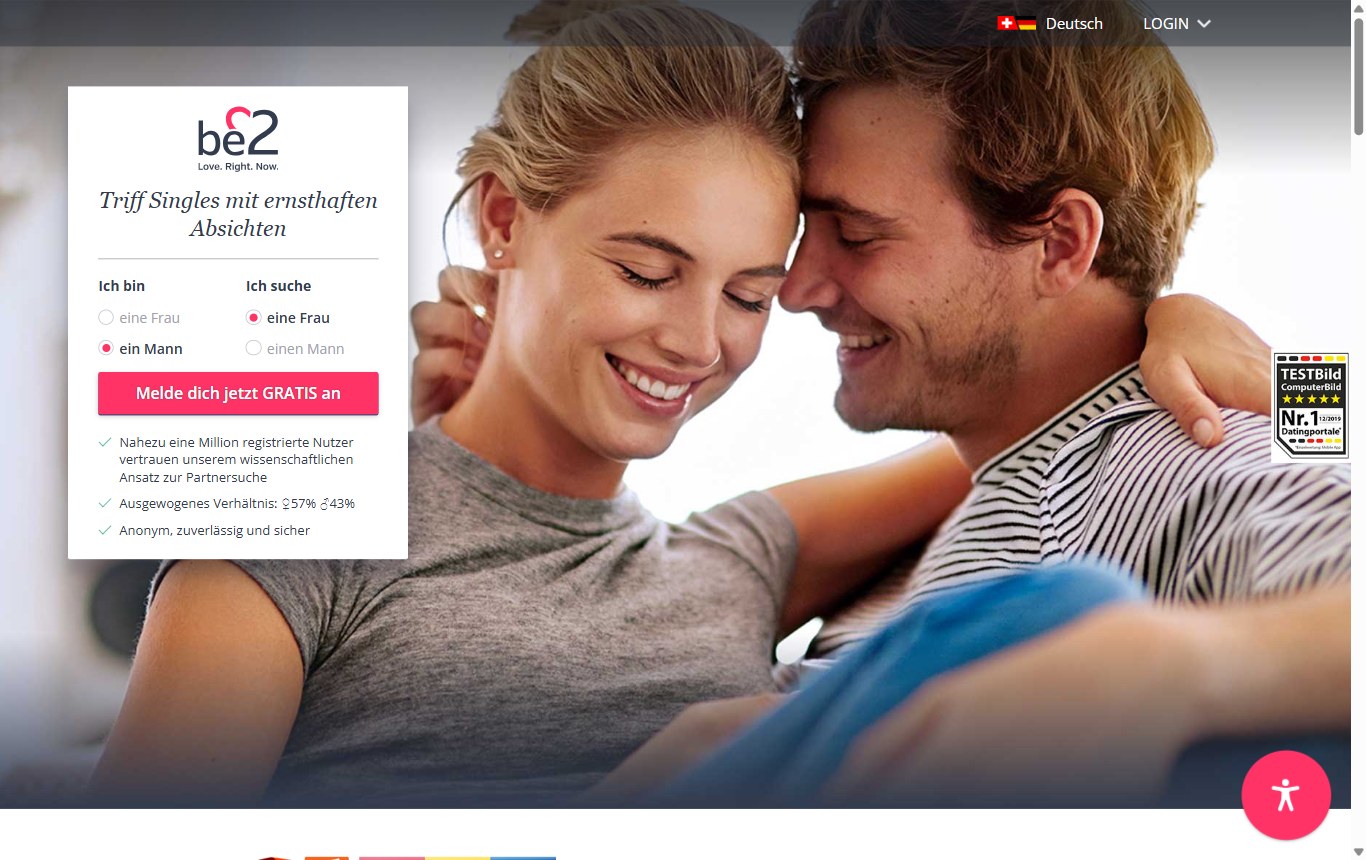 Startseite von be2.ch mit Anmeldeformular