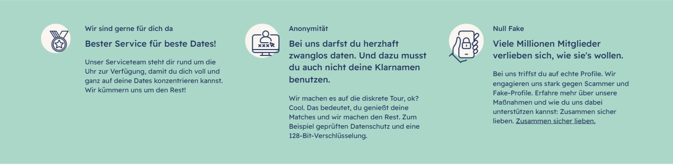 Abschnitt Service, Anonymität und Null Fake auf c-date.ch