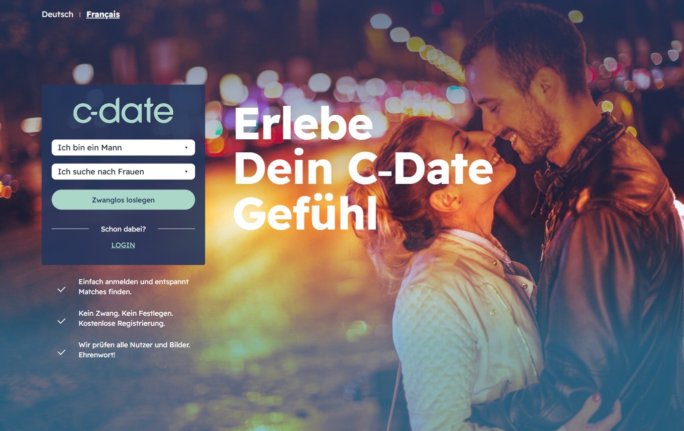Startseite von c-date.ch mit Anmeldeformular