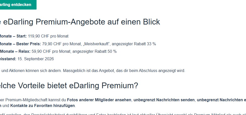 Preisseite von edarling.ch mit den drei Premium-Angeboten