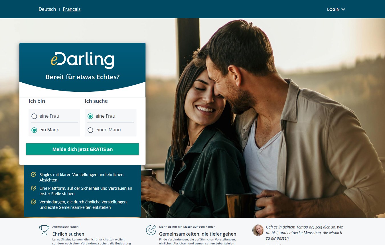 Startseite von edarling.ch mit Anmeldeformular