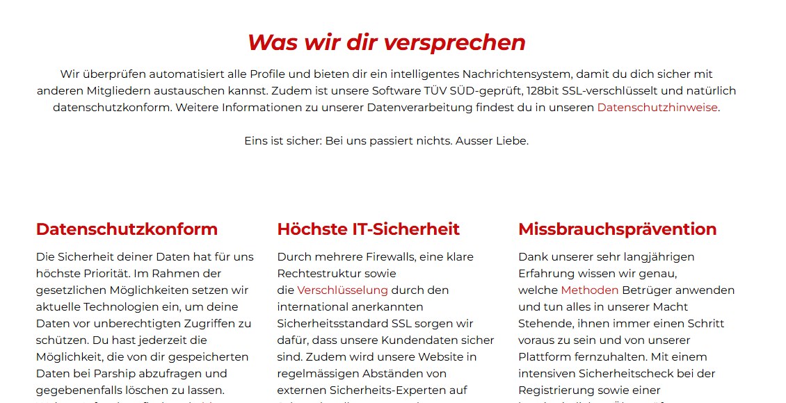 Sicherheitsseite von parship.ch: Was wir dir versprechen
