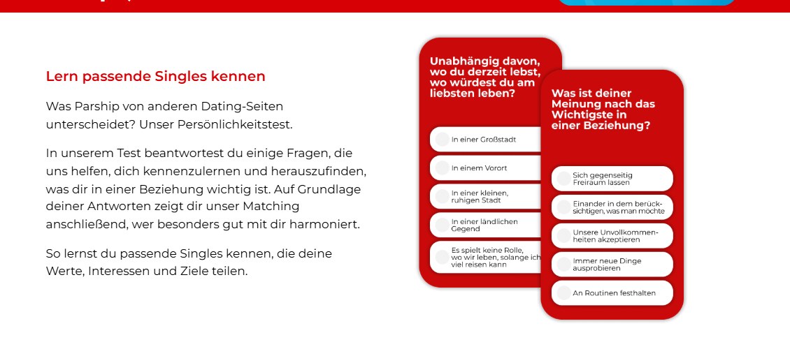 Abschnitt zum Persönlichkeitstest auf parship.ch