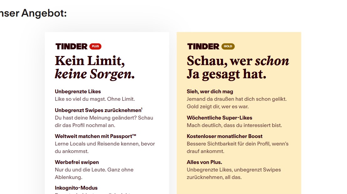 Abos Tinder Plus und Tinder Gold auf tinder.com