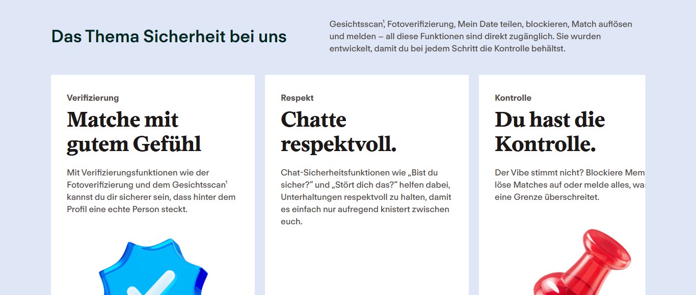 Abschnitt Sicherheit auf tinder.com: Verifizierung, Respekt, Kontrolle