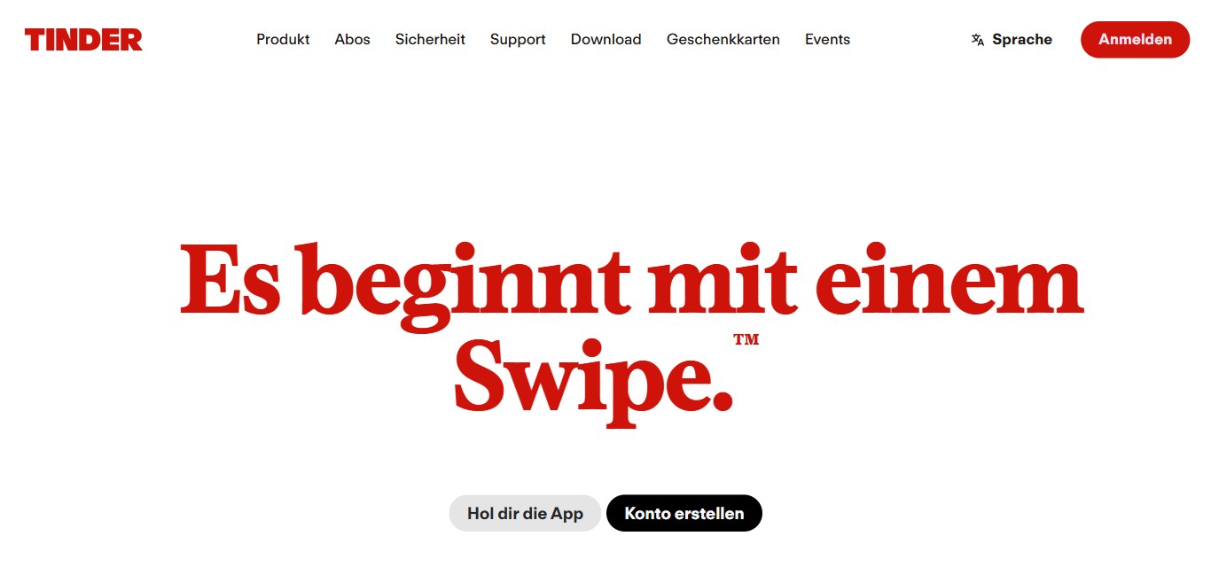 Startseite von tinder.com auf Deutsch