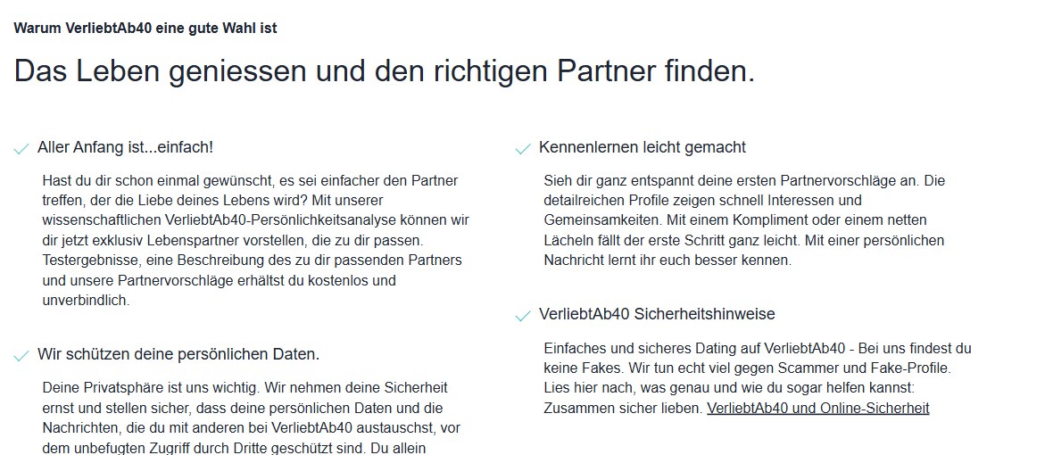 Abschnitt Warum VerliebtAb40 eine gute Wahl ist auf verliebtab40.ch
