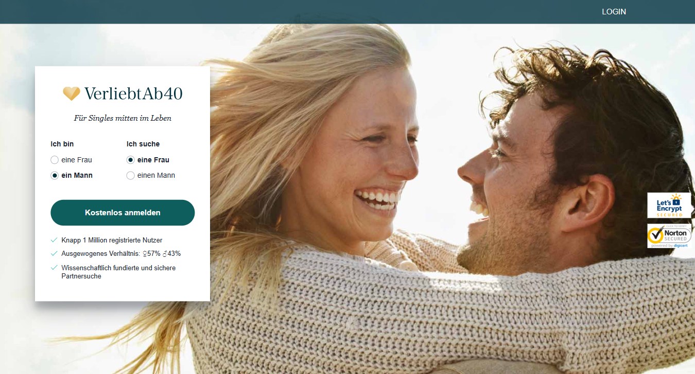 Startseite von verliebtab40.ch mit Anmeldeformular